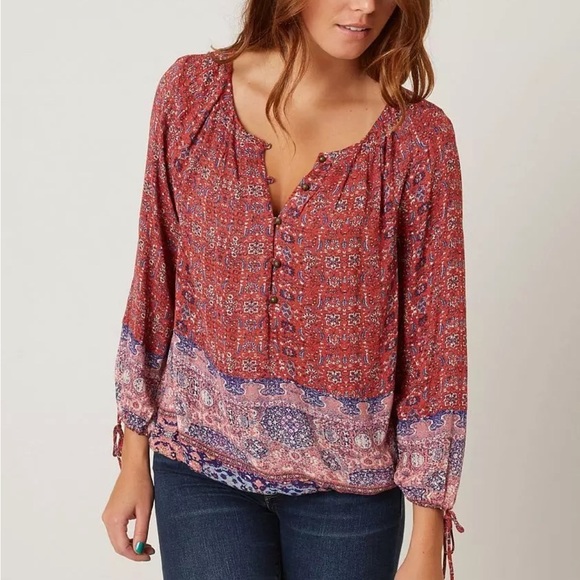Lucky Brand Tapestry Henley Top red boho blouse flowy top size medium like new - Picture 1 of 11